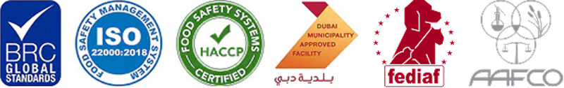 BRC Global Standards, ISO 22000, HACCP, Dubai Municipality, FEDIAF and AAFCO certifications
