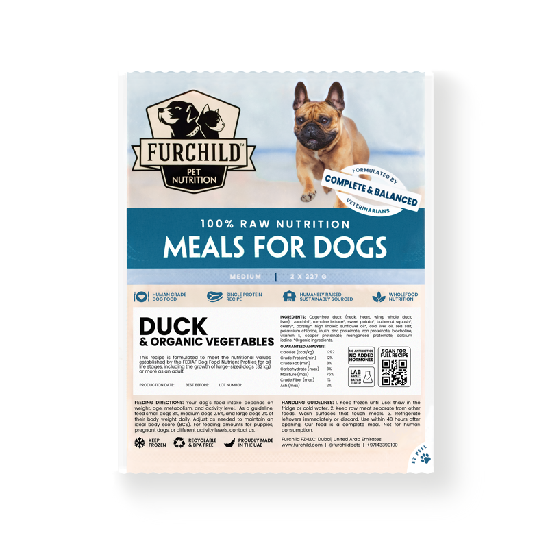 Raw Duck and Organic Vegetables Meal for Dogs in UAE Furchild